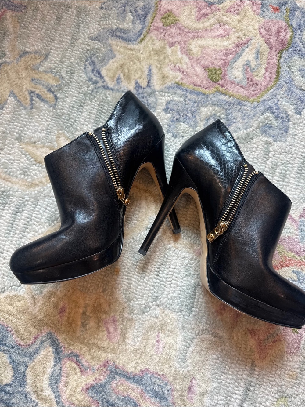 MK Black Leather High-Heel Ankle Booties with Gold Zipper